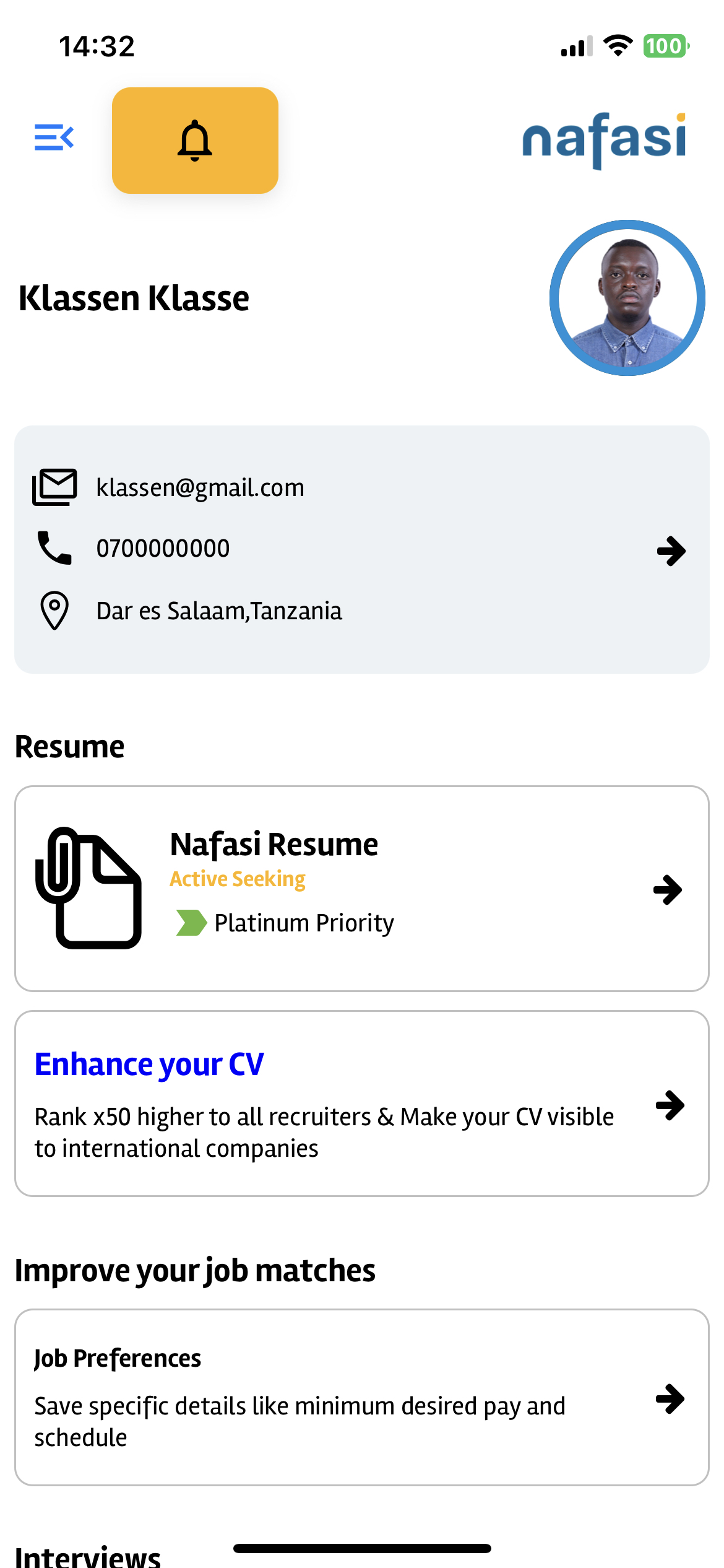 Nafasi app profile screen